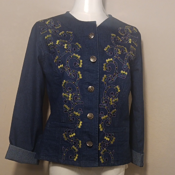 Choices Jackets & Blazers - Choices Dark Blue Embroidered Jean Jacket